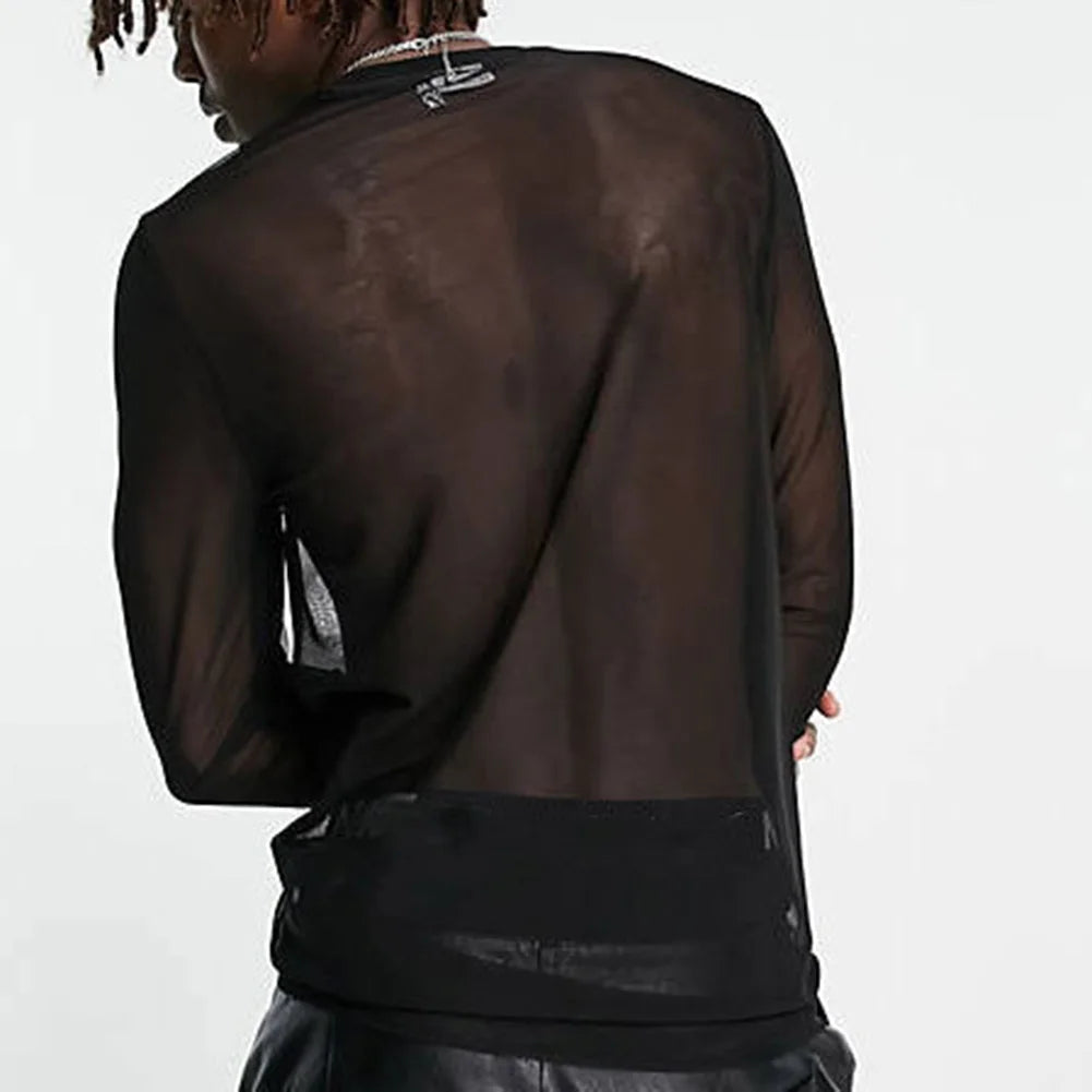 Transparent Mesh Long Sleeve Tee Muscle-Fit Silhouette With Sheer Detailing — Black | KIMLUD