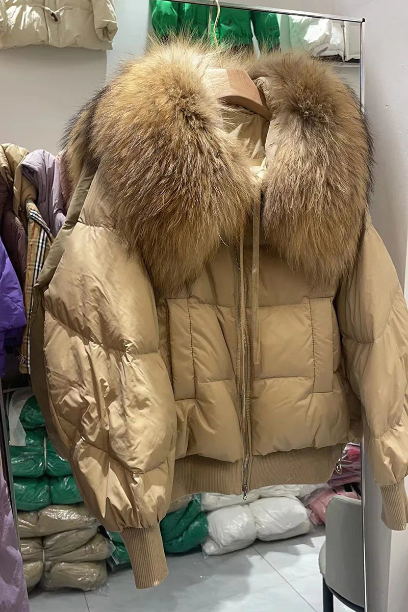 2023 Detachable Winter Jacket Women Real Natural Big Raccoon Fur Collar Thick Warm Duck Down Loose Oversize Outerwear Streetwear