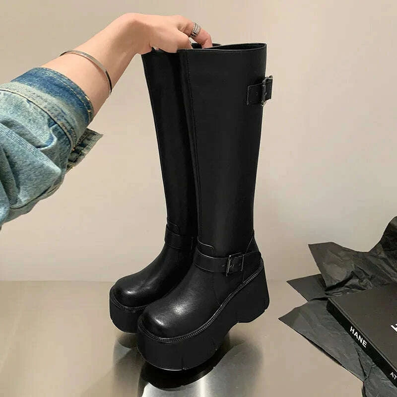 KIMLUD, 2024 Women's Shoes Basic Women's Boots Classics Knee-High Boots Women Belt Buckle Side Zip Round Toe Wedge Platform Shoes Ladies, KIMLUD Womens Clothes