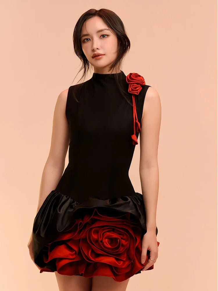 Ele Color Blo 3D Flower Svel Dr Birthday High Waist A-Line Slimming Dr French Sle Printed Summer Gown