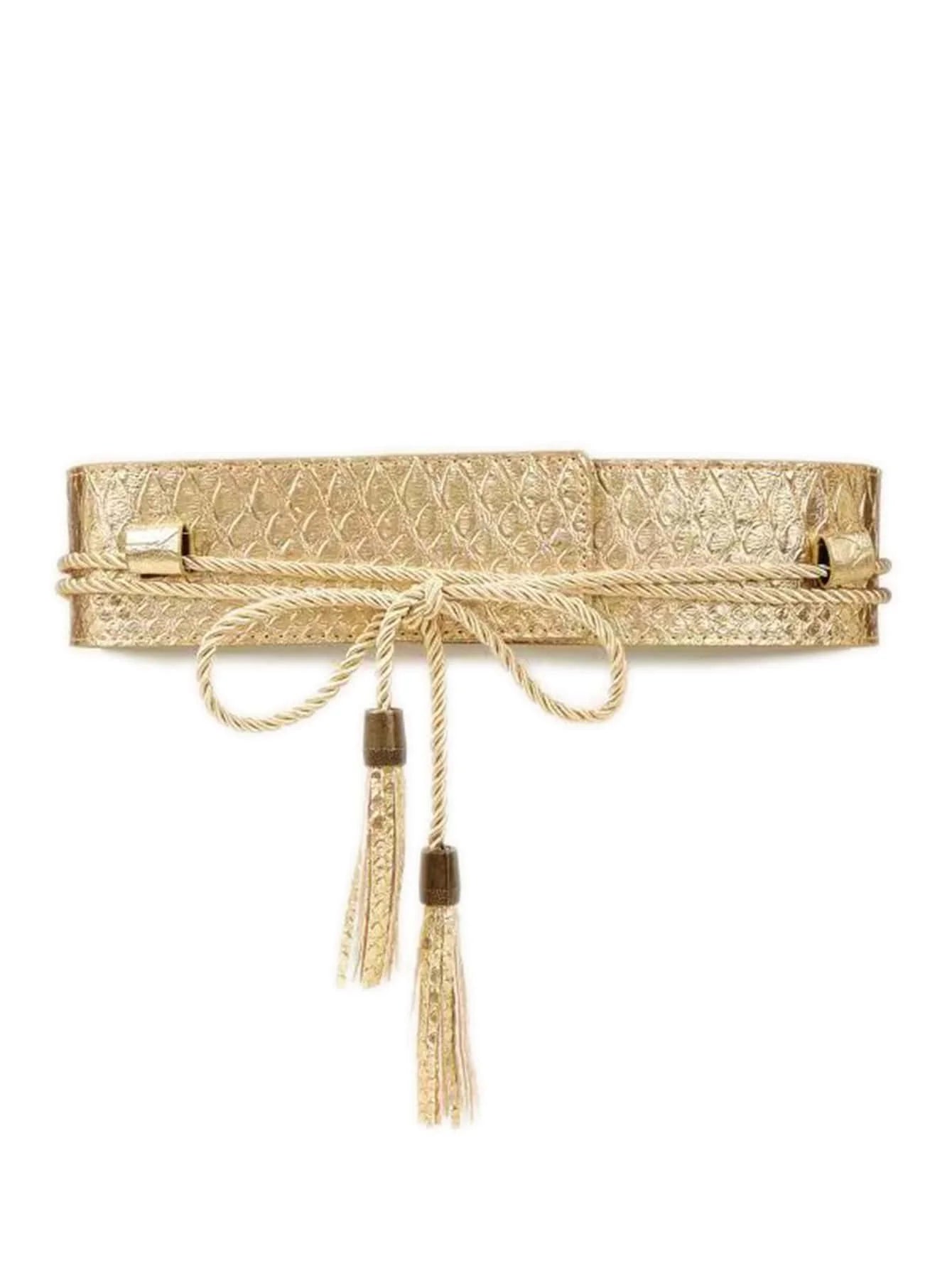 Tassel Decor Wide Belt Polyester PU — Gold | KIMLUD