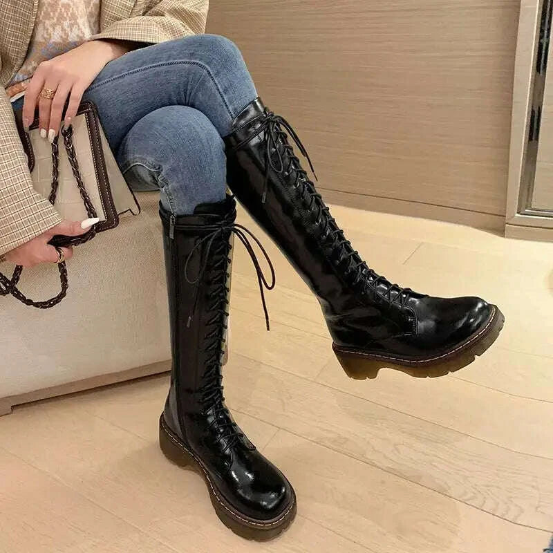 KIMLUD, Krazing Pot Vintage Cow Split Leather Wool Snow Boots Winter Keep Warm Round Toe Cross-tied Med Heels Platform Thigh High Boots, KIMLUD Womens Clothes