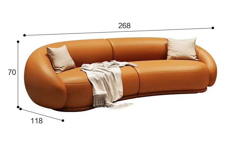 Brown leather sofa with dimensions and features on a white background