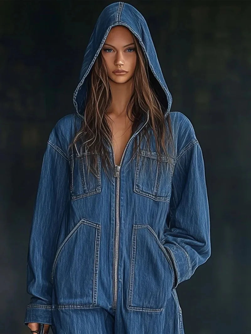Autumn Winter Hooded Jumpsuits for Women Hoodie Long Sleeve Zip Loose Pocket Wide Leg Trousers One Piece Romper Vintage Outfits