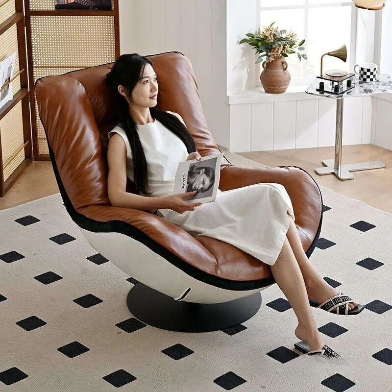 KIMLUD, Oil wax leather single sofa chair living room balcony leather casual lazy can lie down, KIMLUD Womens Clothes