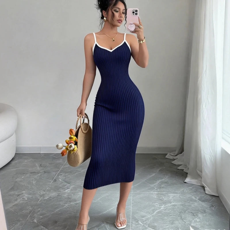 Knit Ribbed Midi Bodycon Dress For Summer — Pink | KIMLUD
