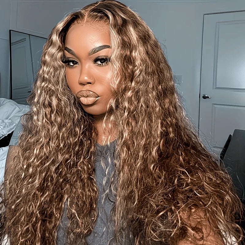 Human Hair Wigs – 13x4 Transparent Lace Front – Water Wave – Blonde Brown Mix | KIMLUD