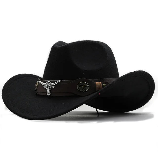 Roll Brim Felt Cowboy Hat With Cow Band For Western City Glamour And Everyday Wear — Black | KIMLUD