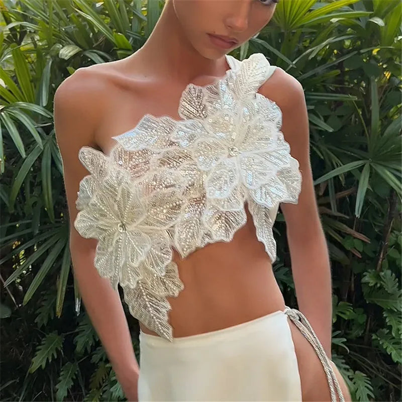 Lace Up Tops Sequin Flowers Glam Details — Multicolor | KIMLUD