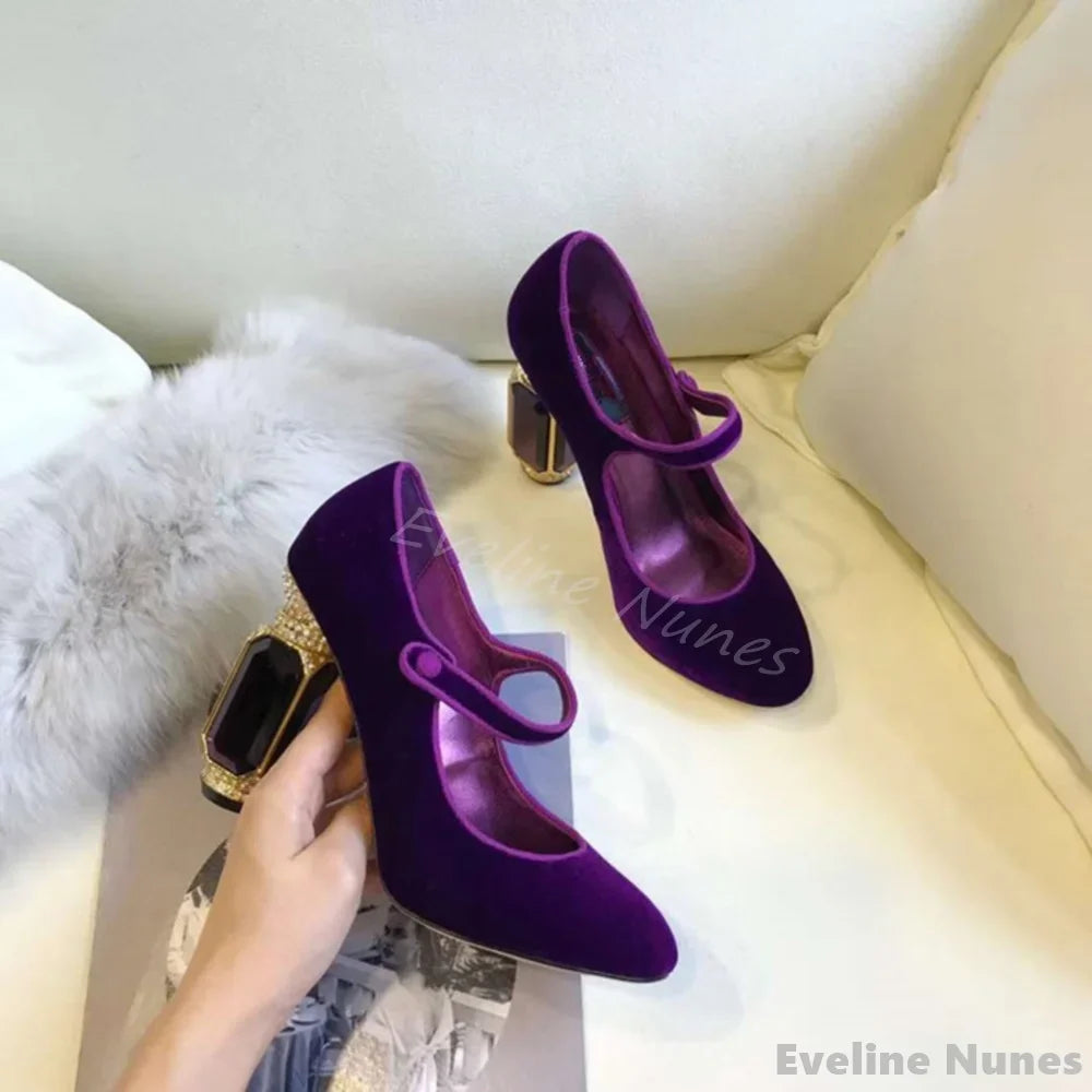 Sculpted Velvet T-Strap Crystal Heels — Emerald | KIMLUD