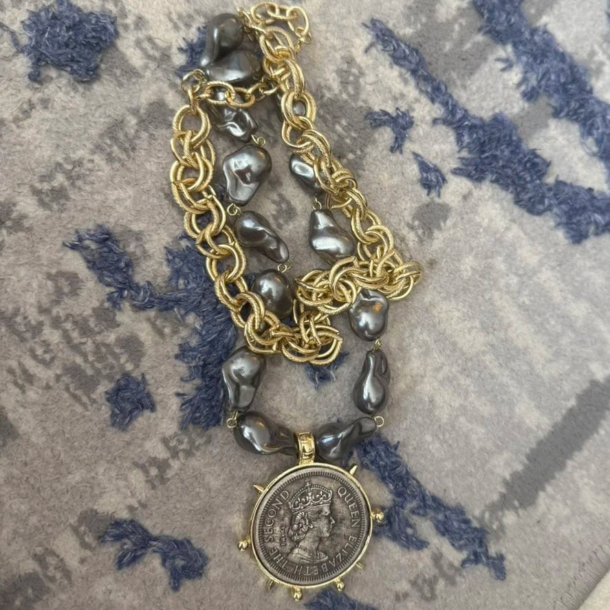 Copper Large Coin Pendant Necklace — Grey | KIMLUD