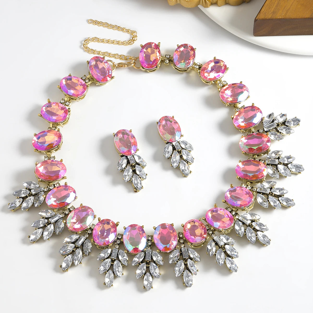 Best Lady Geometric Rhinestone Necklace & Short Glass Earrings Stitching Decorative Neck Chain Dress Jewelry Set