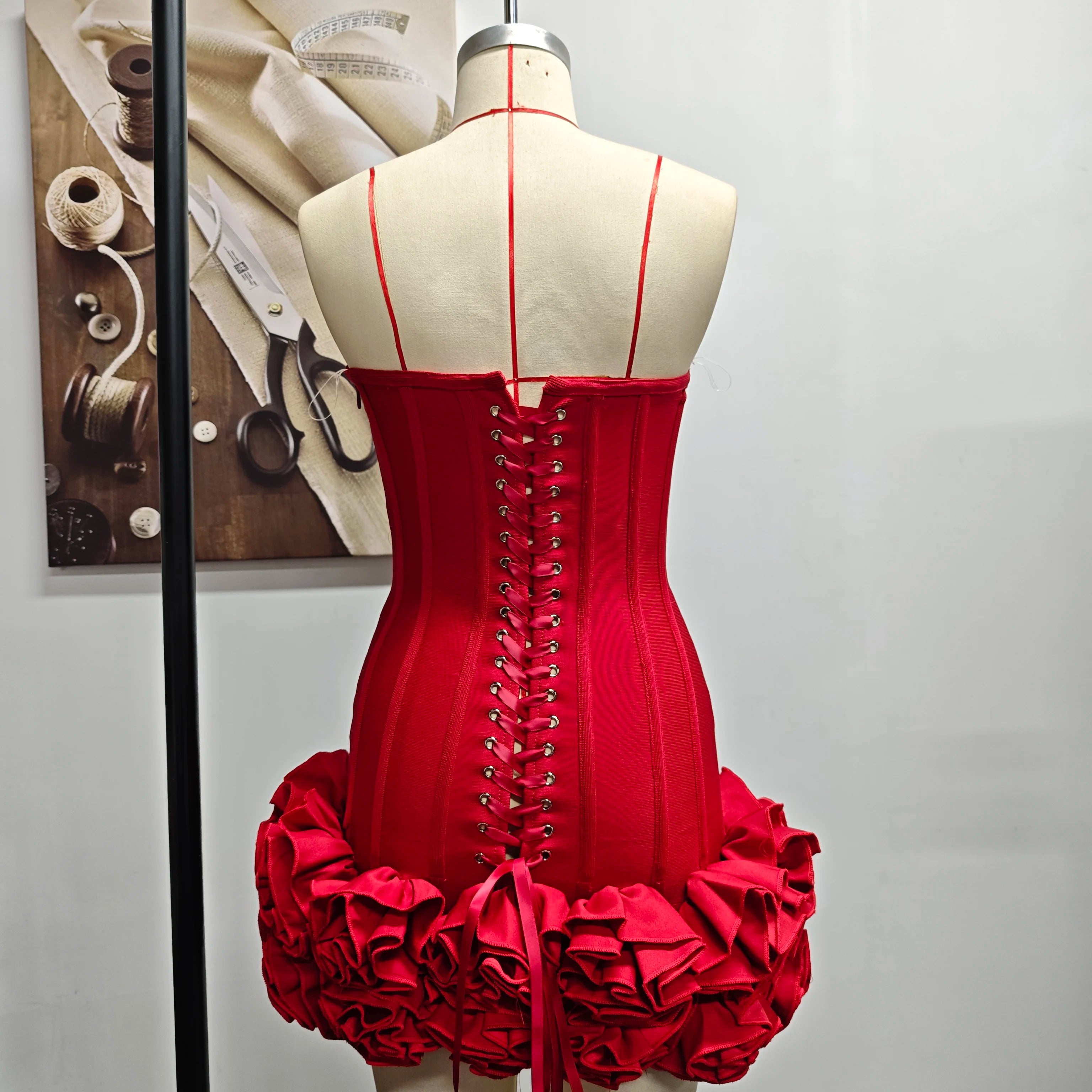 Bandage Mini Dress Strapless With Floral Lace Back — Crimson Red | KIMLUD