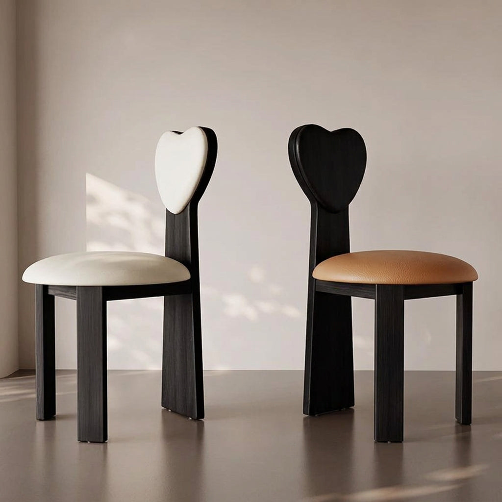 Two modern chairs with unique back designs on a neutral background