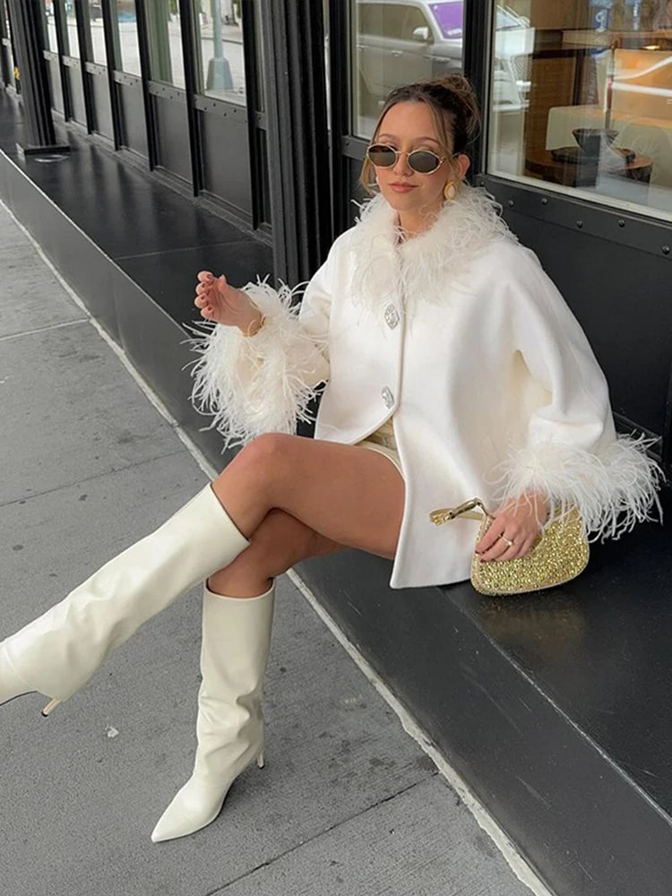 Elegant Feather Spliced Women's Coat Loose Feather Cuff Collar Lady Poncho Outwear 2024 Winter High Street Jacket New In Coats