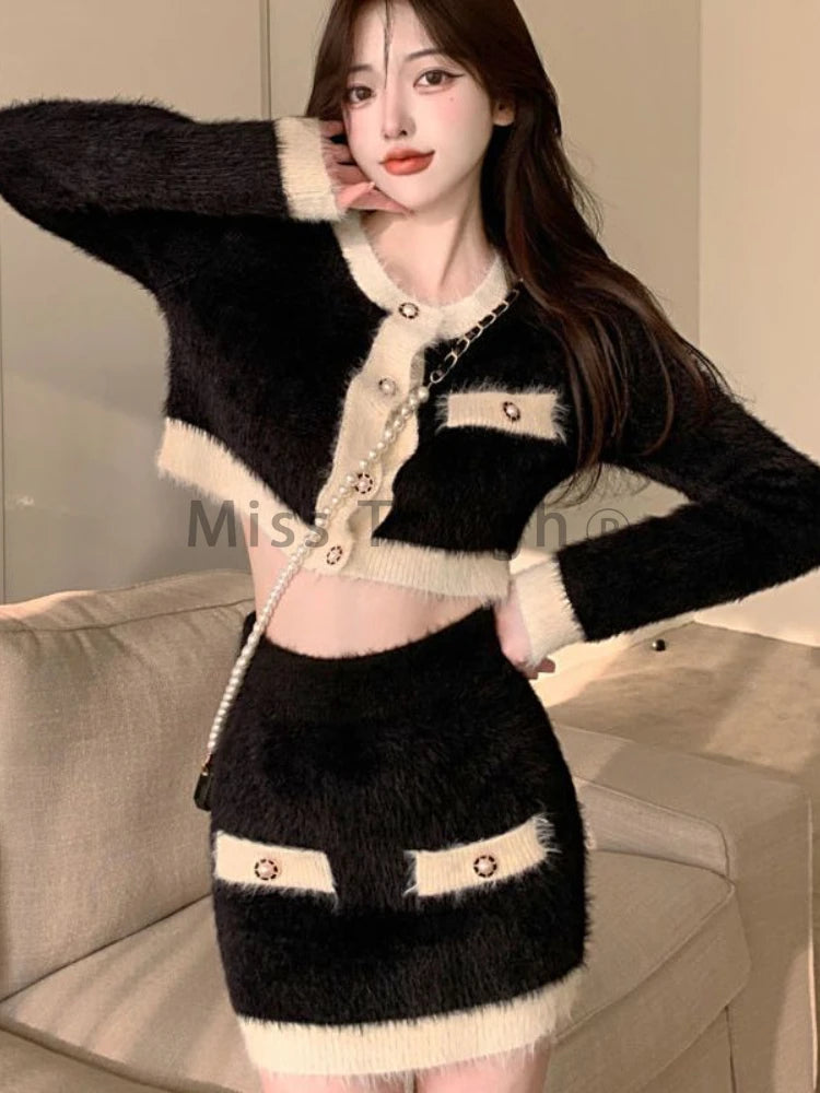 KIMLUD, Winter Fluffy Knit 2 Piece Set Women Patchwork French Vintage Mini Skirt Suit Female Korean Fashion Elegant Office Lady Set 2024, KIMLUD Womens Clothes