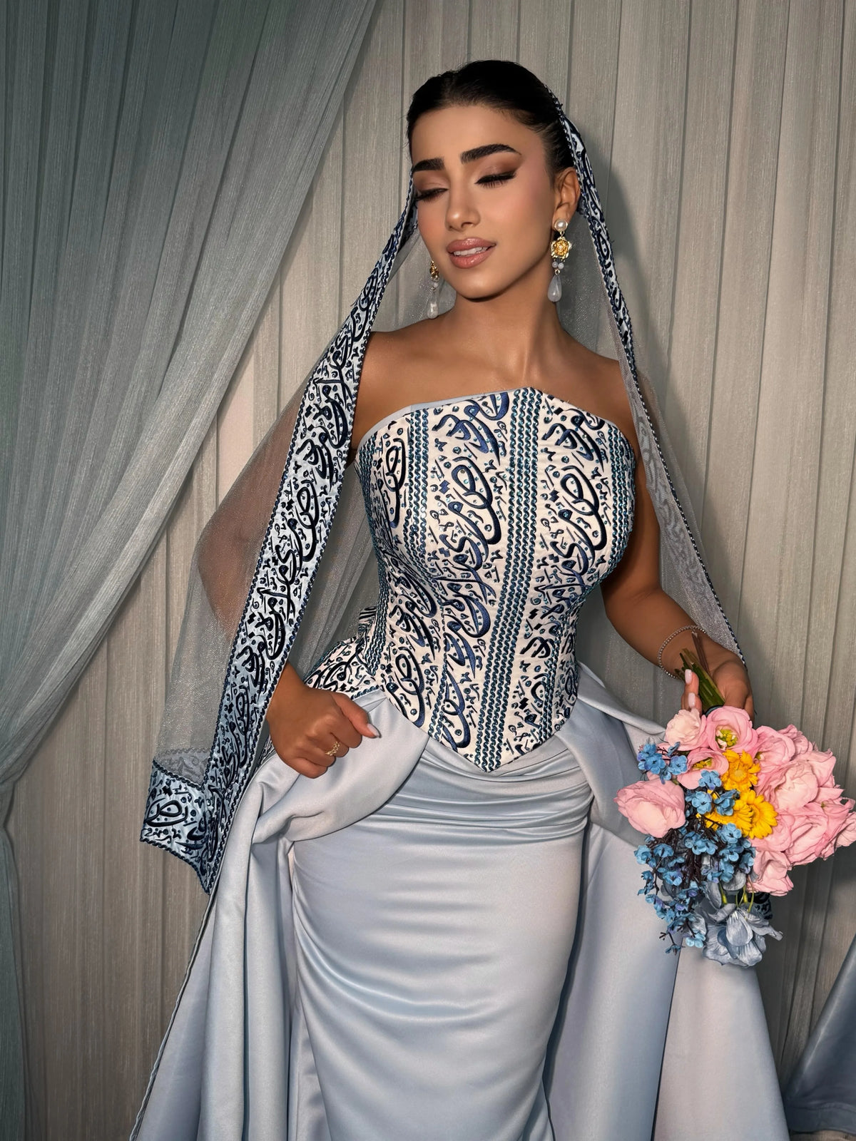 Evening Dress – Corset Print – Taffeta – Light Blue | KIMLUD