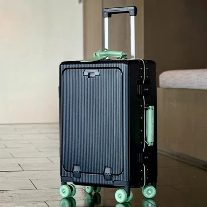 Aluminum Front-Opening Carry-On Luggage — Deep Navy With Mint Accents | KIMLUD