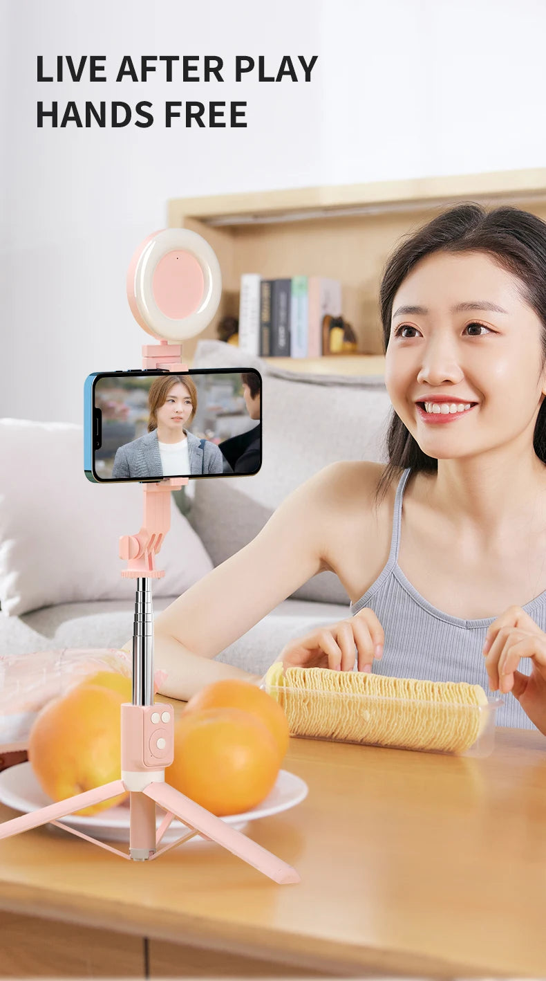 Bluetooth Wireless Selfie Stick Portable Dual Fill Light with Tripod Telescoping Bracket for iPhone Xiaomi Makeup Live Streaming