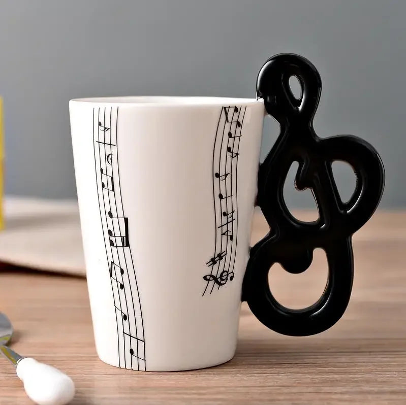 Bone China Mug With Music Note Motif And Delicate Guitar Handle — White | KIMLUD