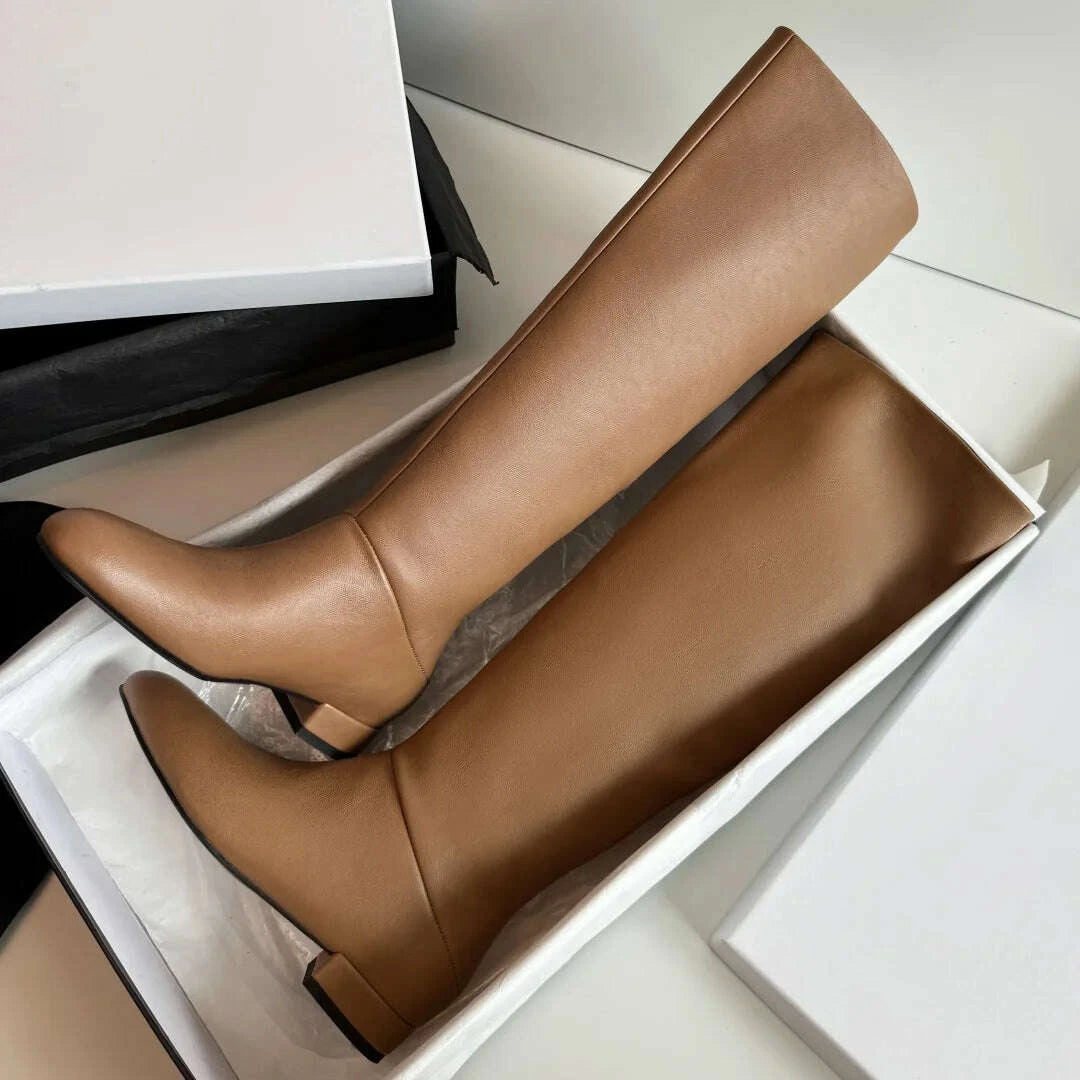 KIMLUD, Women's genuine leather round toe slip-on flats autumn knee high boots casual female soft comfortable knight boots shoes woman, KIMLUD Womens Clothes