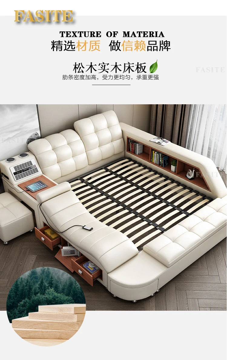Genuine Leather Bed Tech Smart Multifunctional Massage, Bluetooth Speaker, Air Cleaner — White | KIMLUD