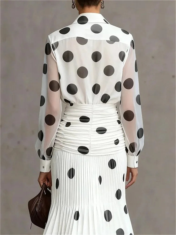 Vintage Polka Dot Chiffon Shirt — Semi-Sheer Long Sleeve Blouse