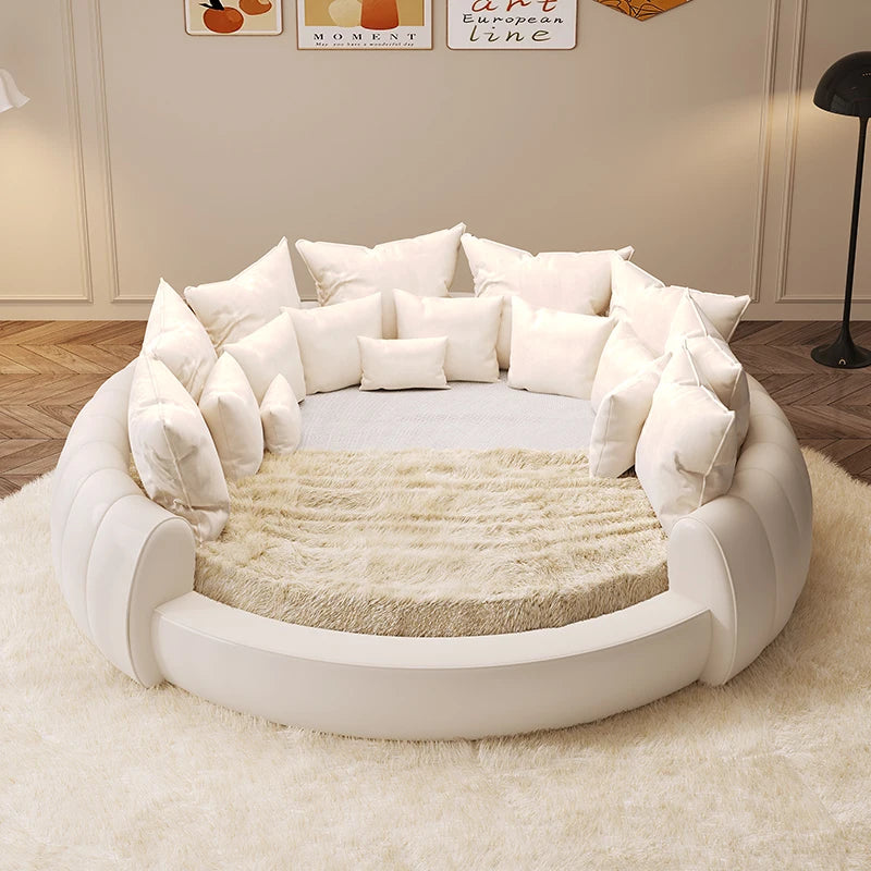 Leather Round Bed Queen Size, Modern Minimalist European Style, Pearlescent Leather Finish — Black | KIMLUD