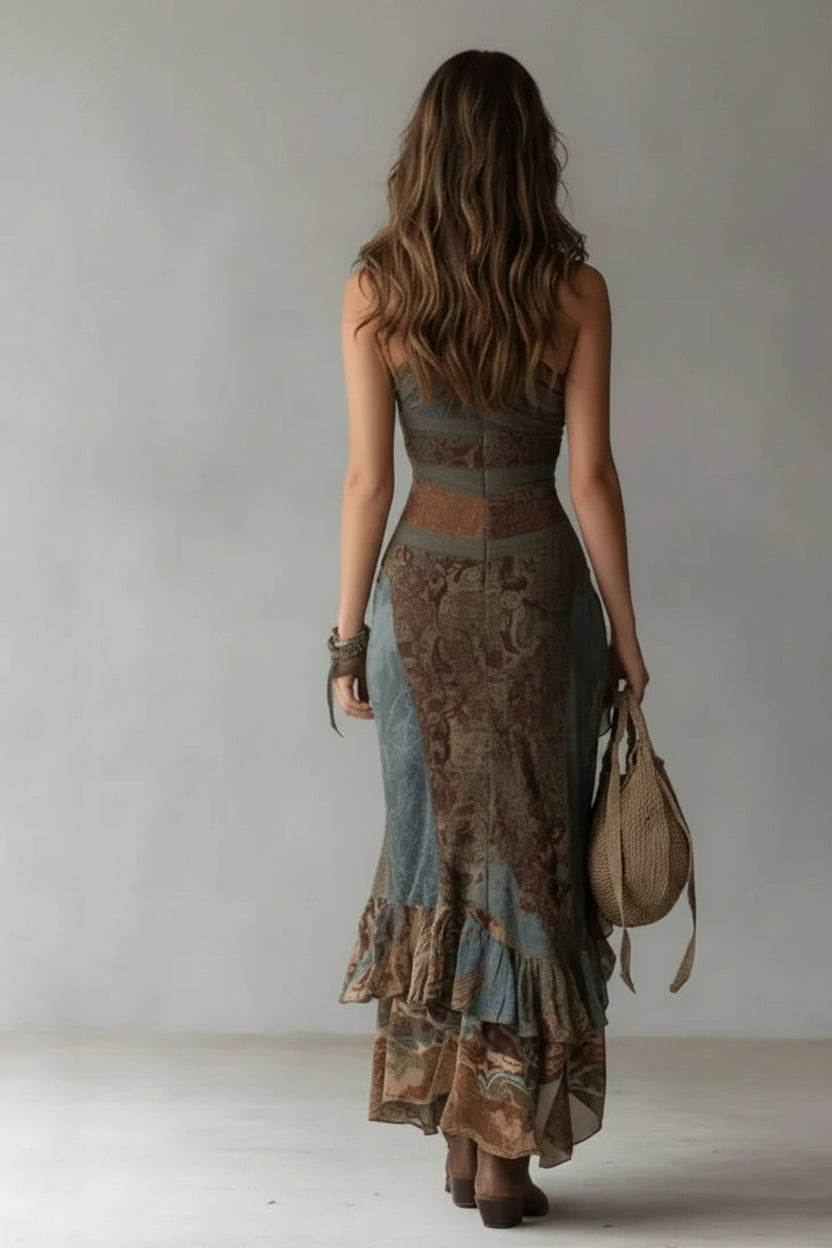 Woman wearing a long, patterned dress holding a bag against a plain background