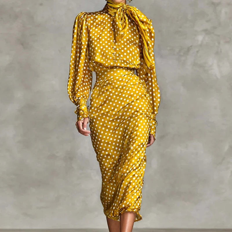 Holiday Dot Printing Simple Outfit, Women Spring Autumn Long Sleeve Elegant 2PCS Sets, Straight Skirts Fashion Chic Ladies Suits