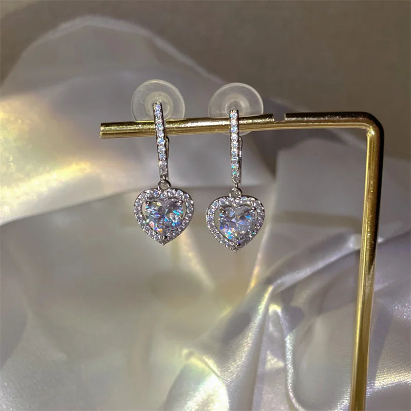 Exquisite Pink Heart Shape Bowknot Stud Earrings For Women Shining CZ Zircon Love Earring Girl Wedding Party Temperament Jewelry