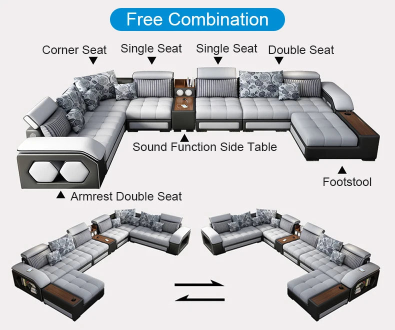 Modern Leather U-shaped Combination Sofa Bed 7-piece Furniture Living Room Fabric Velvet Sofa Home Manufacturer