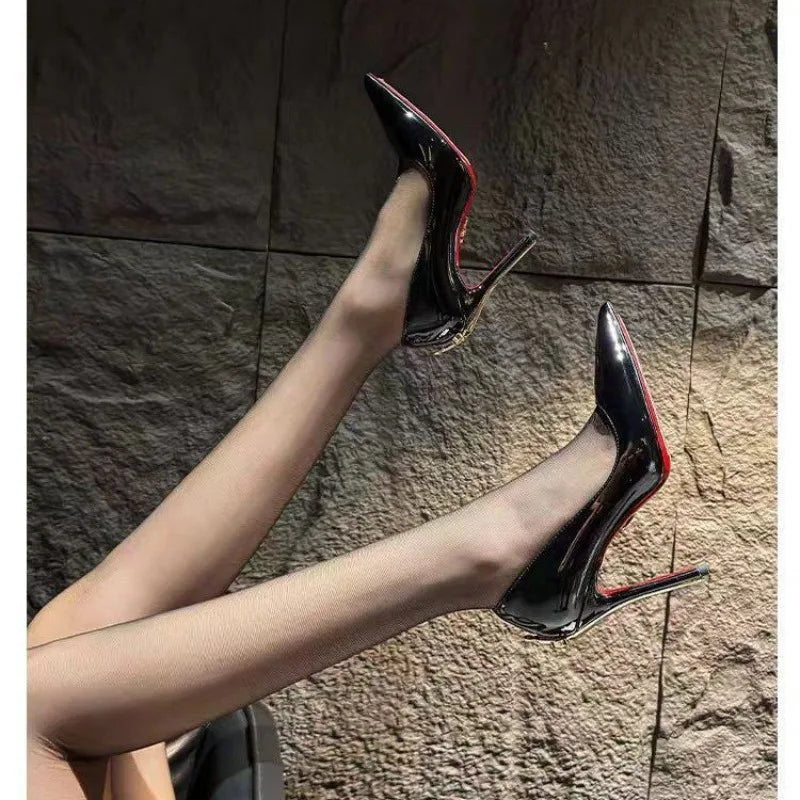 2026 Early New High Heels Women's Fine Heels Pointed Metal Swords Sexy Queen Black Lacquer Leather Single Shoes