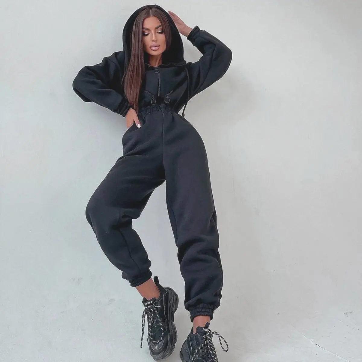 Casual Hooded Jumpsuit Long Sleeve — Black | KIMLUD