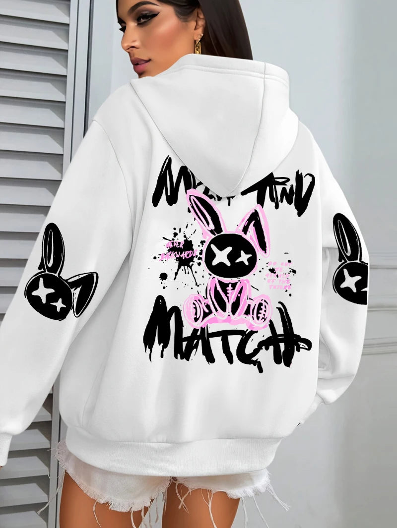 Hoodie – Cartoon Rabbit Prints – Loose Silhouette – Hooded | KIMLUD