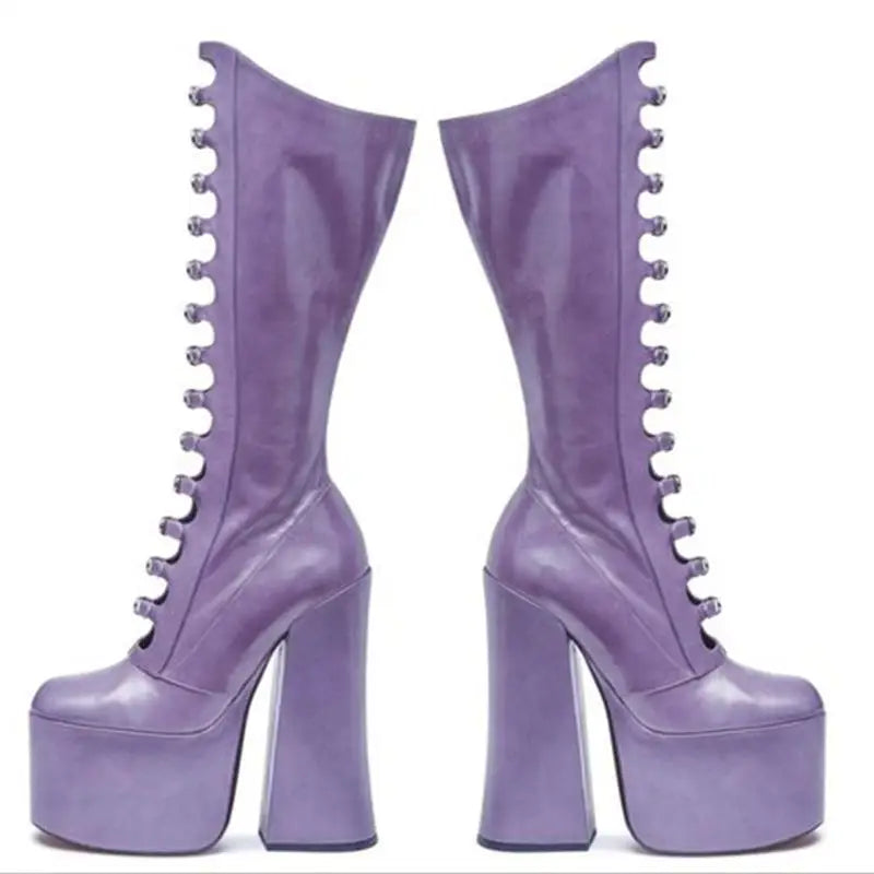 PU Knee-High Boots Side Zipper Square Heel Platform — Black | KIMLUD