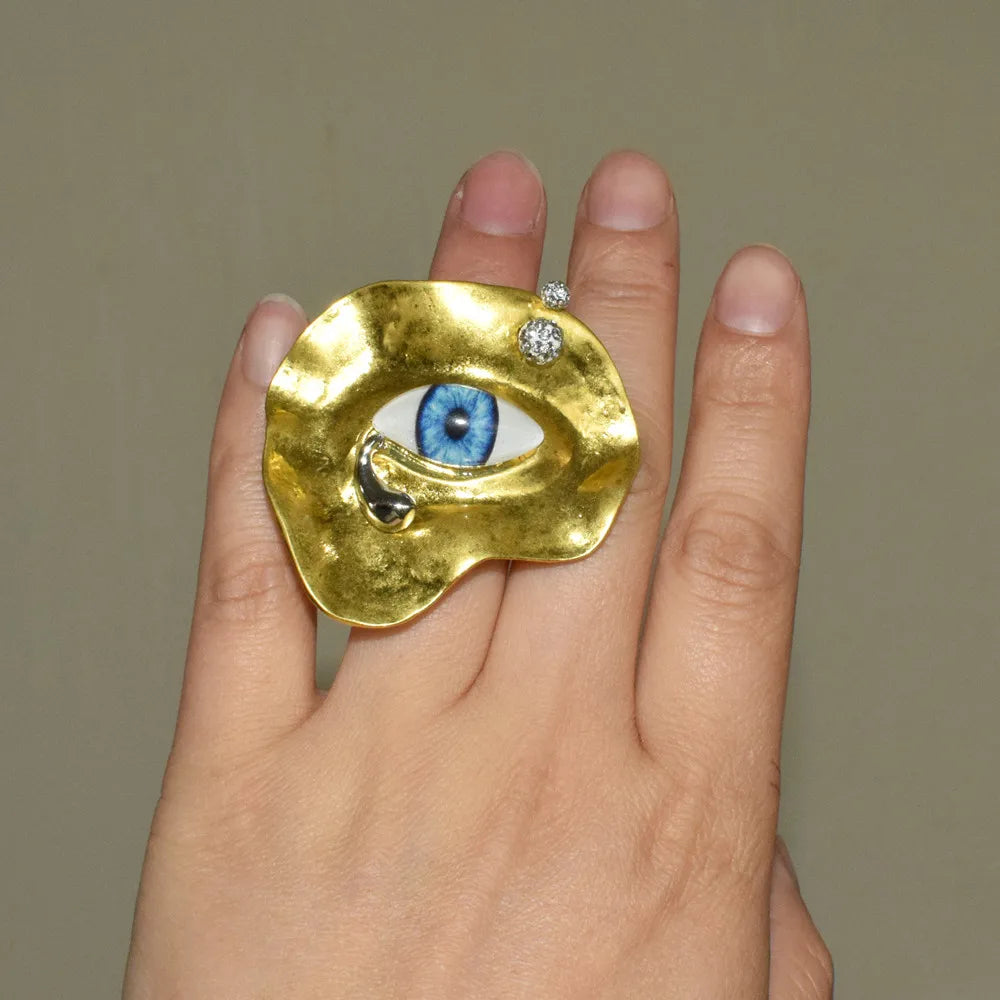 New Exaggerated Baroque Style Metal Plated Blue Eyes Open Ring For Women Fashion Jewelry Accessories