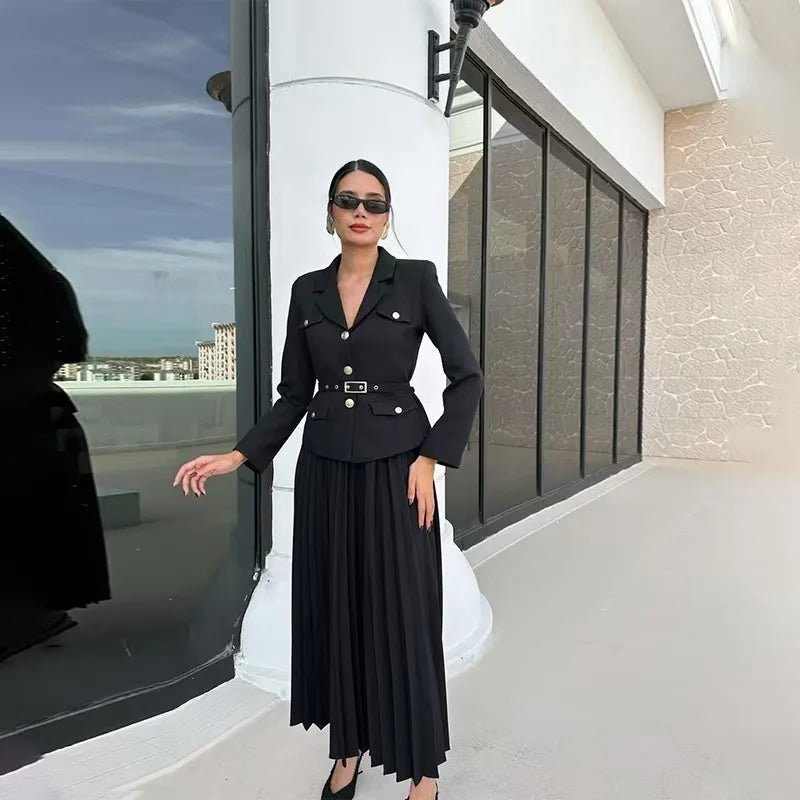 Elegant Women Two Pieces Set Single-breasted Lapel Jacket Coat Belt Pleated Midi Skirt Suit 2025 office Lady New In Matching Set