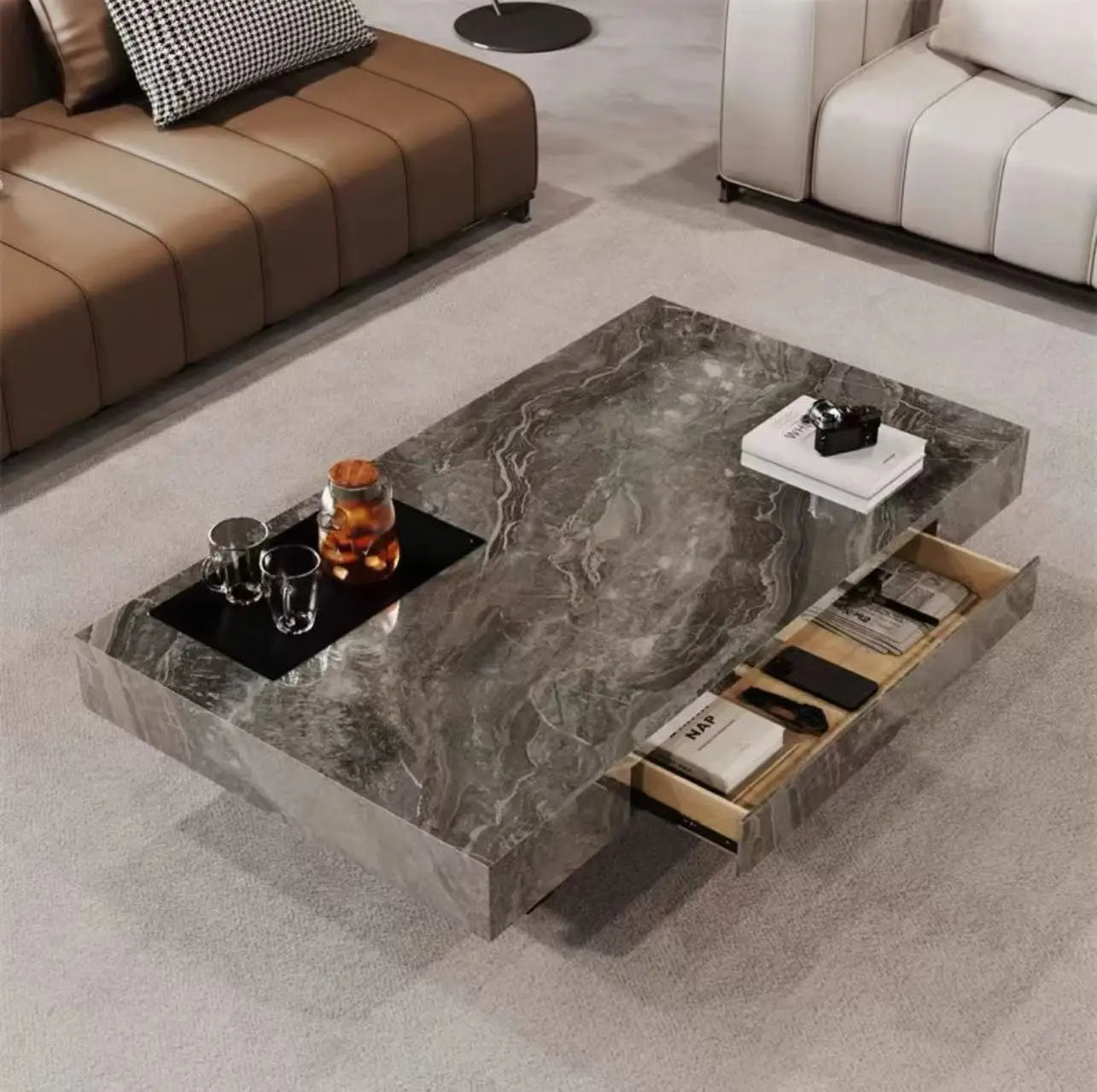 Marble-Top Side Table Minimalist Nordic With Subtle Veining — Onyx-Black | KIMLUD