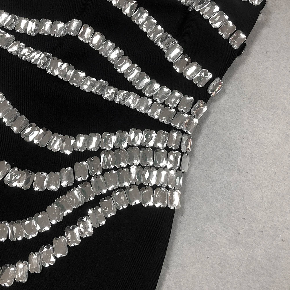Brand New Ins 2025 Women Black Strapless Crystal Bandage Bodycon Dress Designer Collar Elegant Evening Party Dress Vestido