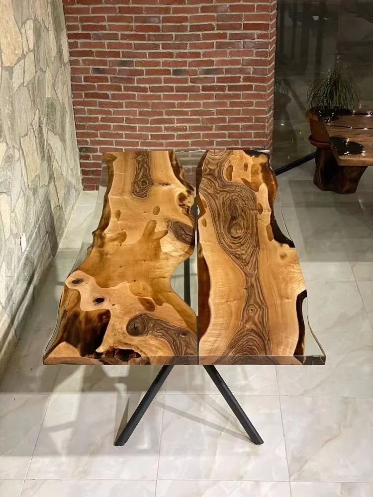 Walnut Wood Dining Table Top Amber Resin River — Walnut | KIMLUD