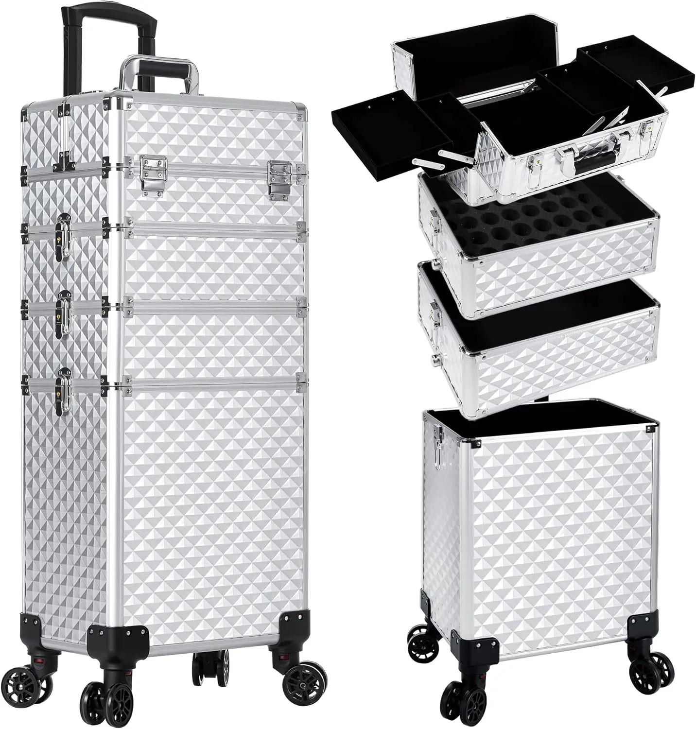 Rolling Plastic Travel Suitcases 4-In-1 Cosmetology Case Wheels — Black | KIMLUD