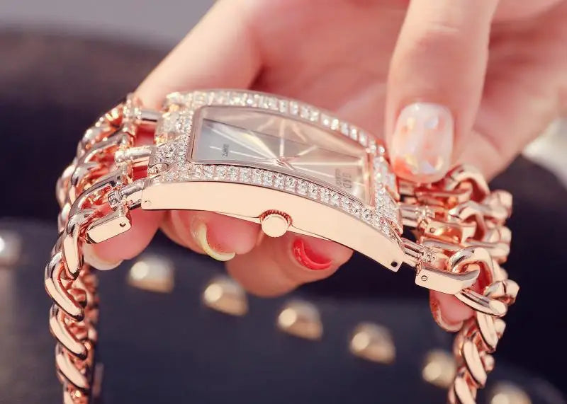 Bracelet Watch - Three Chain Rhinestone - Alloy Case - Golden | KIMLUD