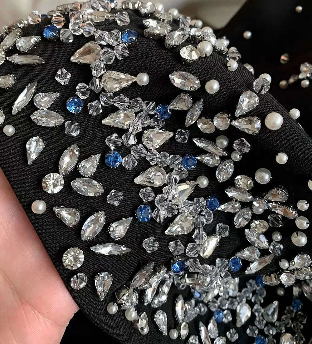 KIMLUD, Spring Women Sleeveless Slash Neck Mini Dress New Luxury Diamonds Chest Wrapping Dresses Summer High Waist Backless A-line Dress, KIMLUD Womens Clothes