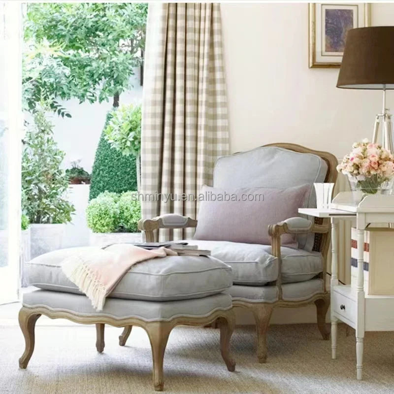 French farmhouse antique wooden armchair lounge living room furniture with stool accent chair