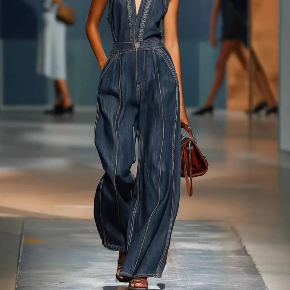 Faux Denim Jumpsuits & Rompers Halter Neck Sleeveless Wide-Leg — Blue | KIMLUD