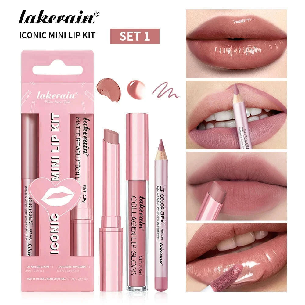lakerain-3pcs-mini-matte-lipsticklip-glosslip-liner-set-precise-outline-three-dimensional-lip-plumping-lipstick-setkimlud-womens-fashion-34598988