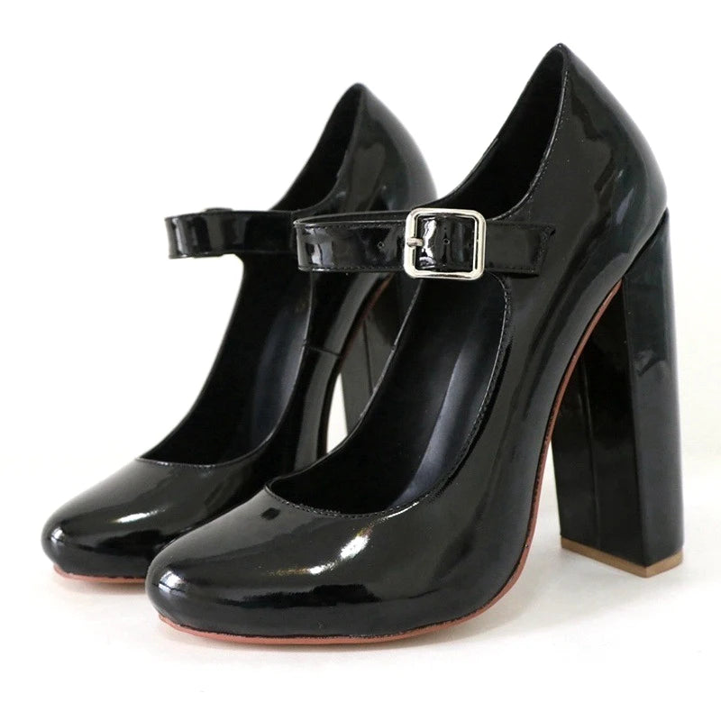 Mary Jane Pumps – Buckle Strap – Round Toe – Black | KIMLUD