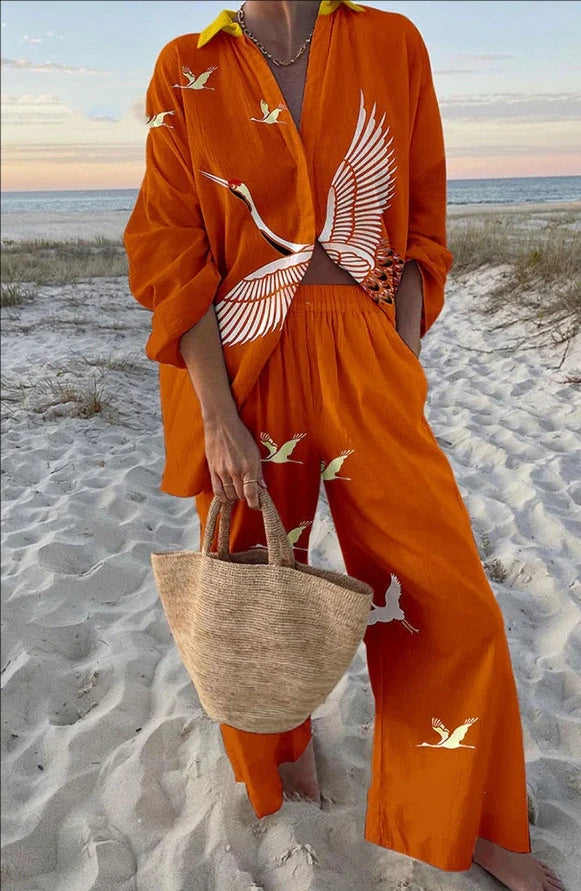 Two Piece Set – Casual Printed – Wide Leg Pants | KIMLUD