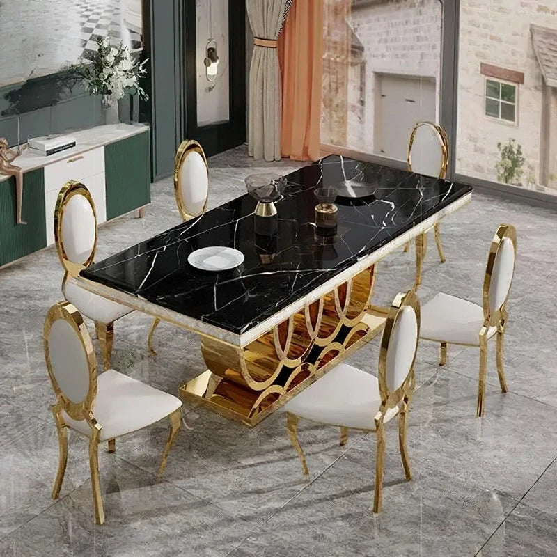 Sleek Stainless Marble Dining Table Set — Gold | KIMLUD